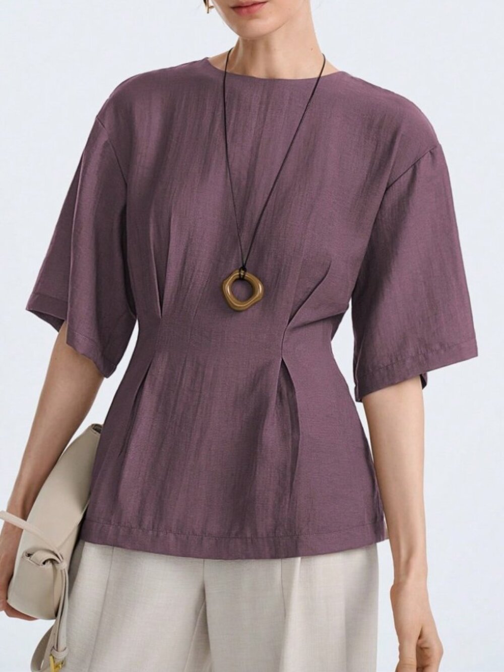 Mauve Plum Purple Woven Blouse with Pleated Waist Detail